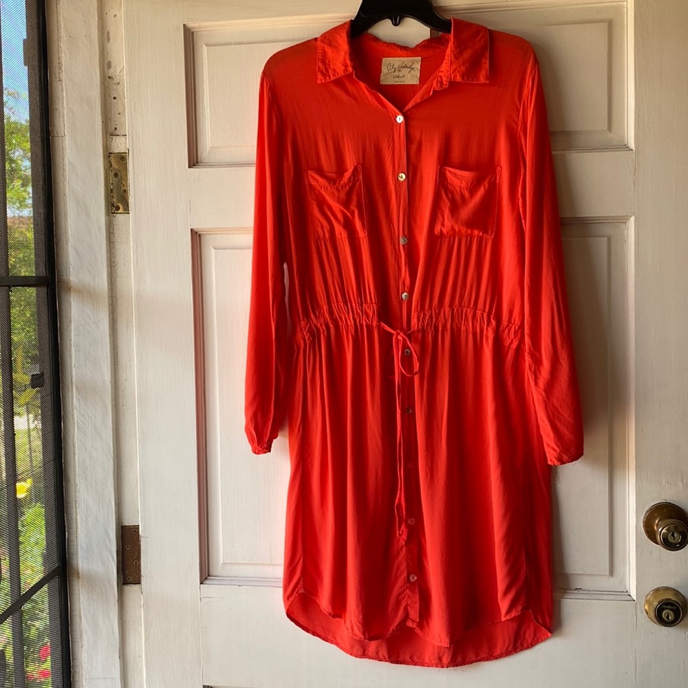 Lily Aldridge for velvet Orange Button Down 3/4 Sleeve Shirt Dress Size …